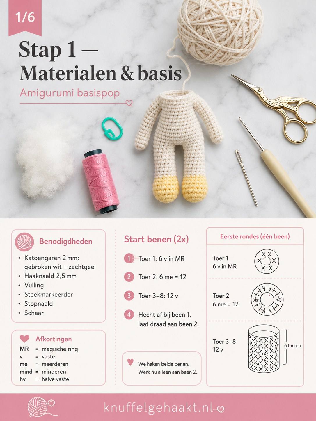 Materialen voor het amigurumi pop afwerken: katoengaren, haaknaald 2,5mm en vulling overzichtelijk klaargelegd.
