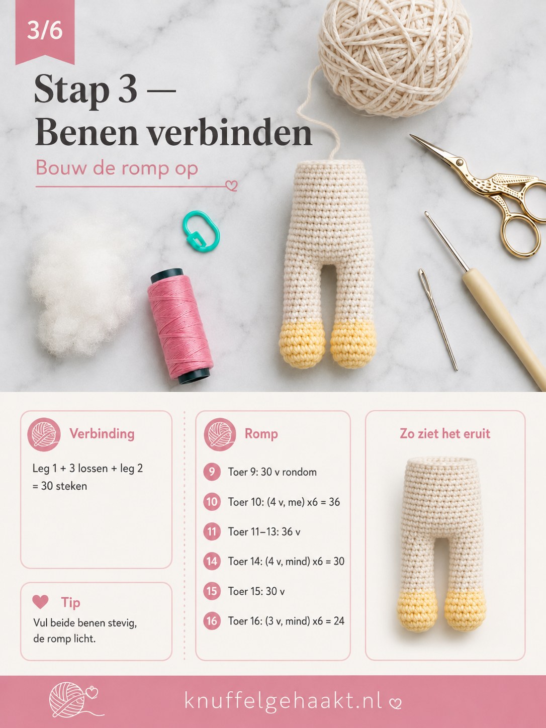 De romp van de amigurumi pop opgebouwd door beide benen samen te haken tot één stevig lijfje.