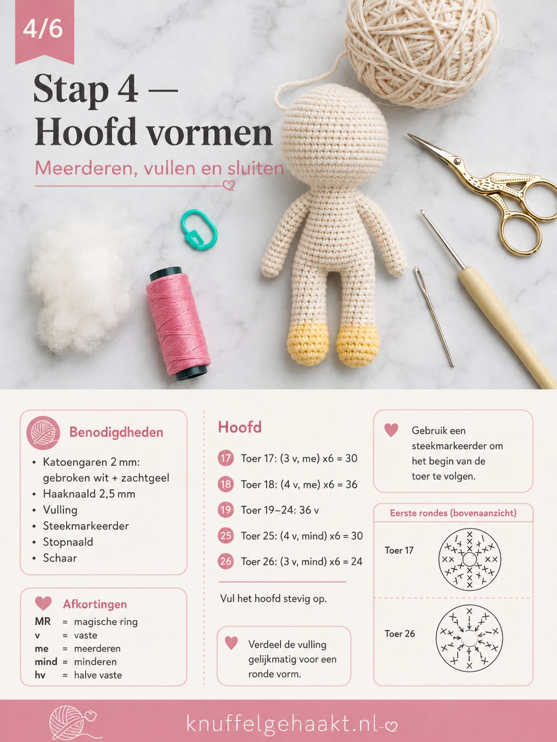 Het hoofd van de amigurumi pop wordt geminderd, stevig gevuld en netjes gesloten voor een ronde vorm.
