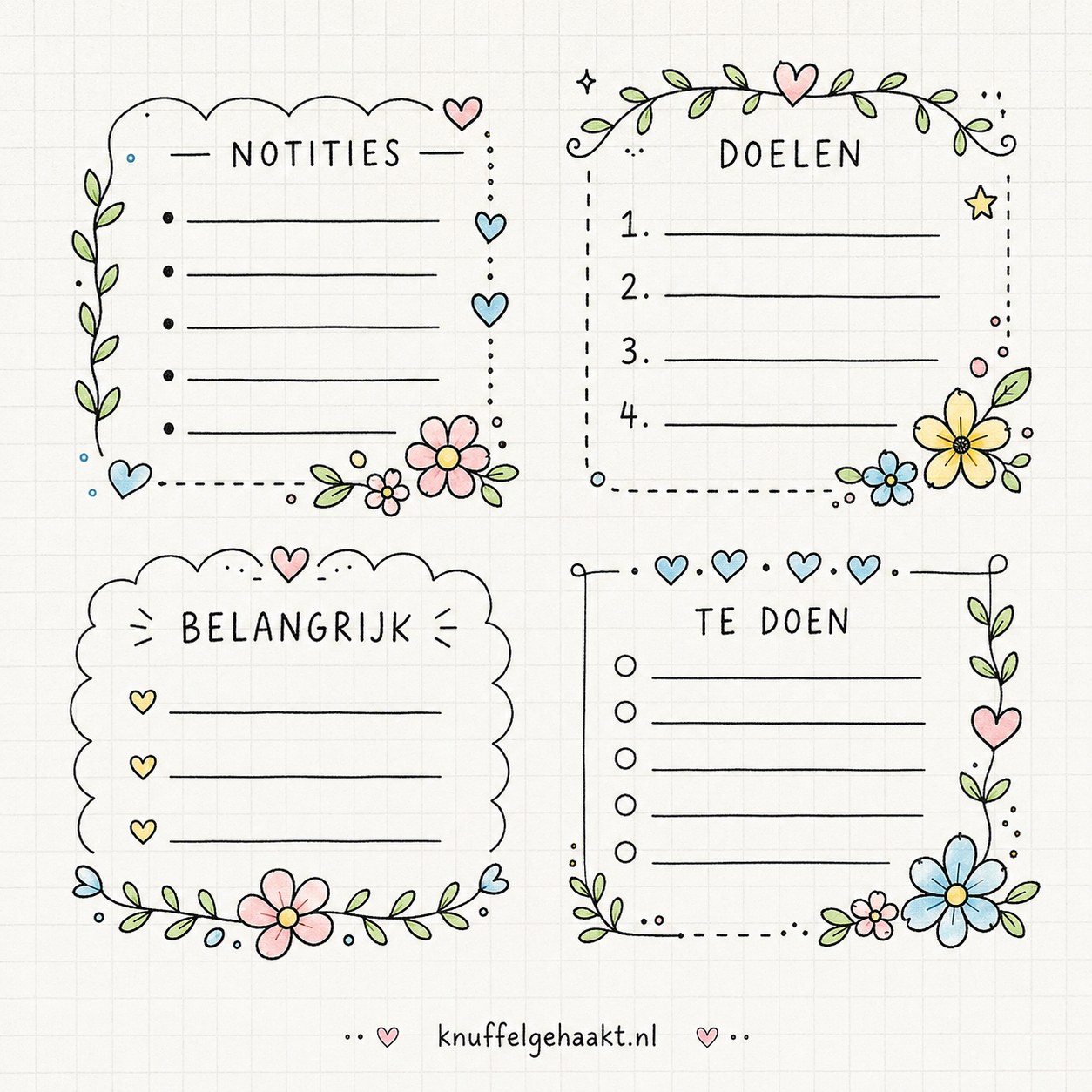 Bullet journal doodles als bloemenkaders rond notities, doelen en een to-do lijst