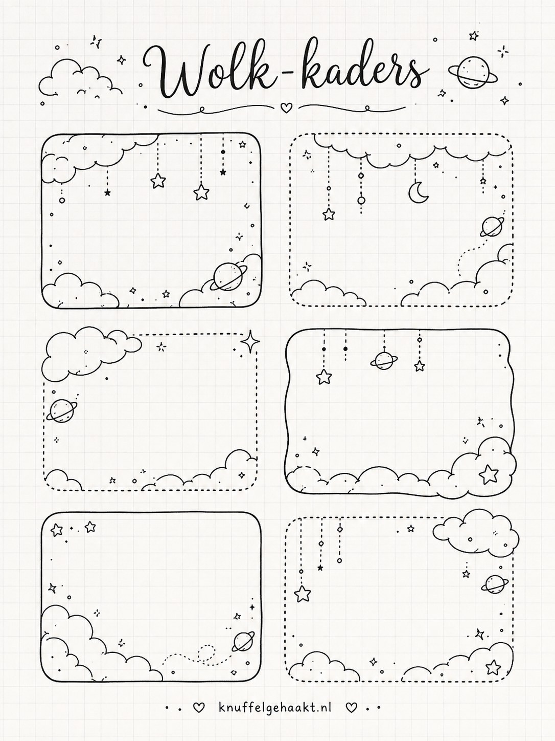 Wolk-kaders met sterren en planeten als dromerige bullet journal doodles