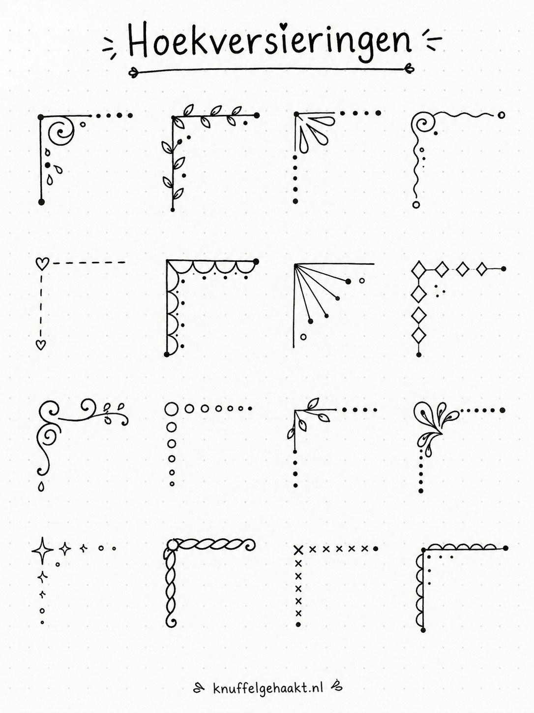 Vier rijen hoekversieringen als bullet journal doodles voor pagina-hoeken