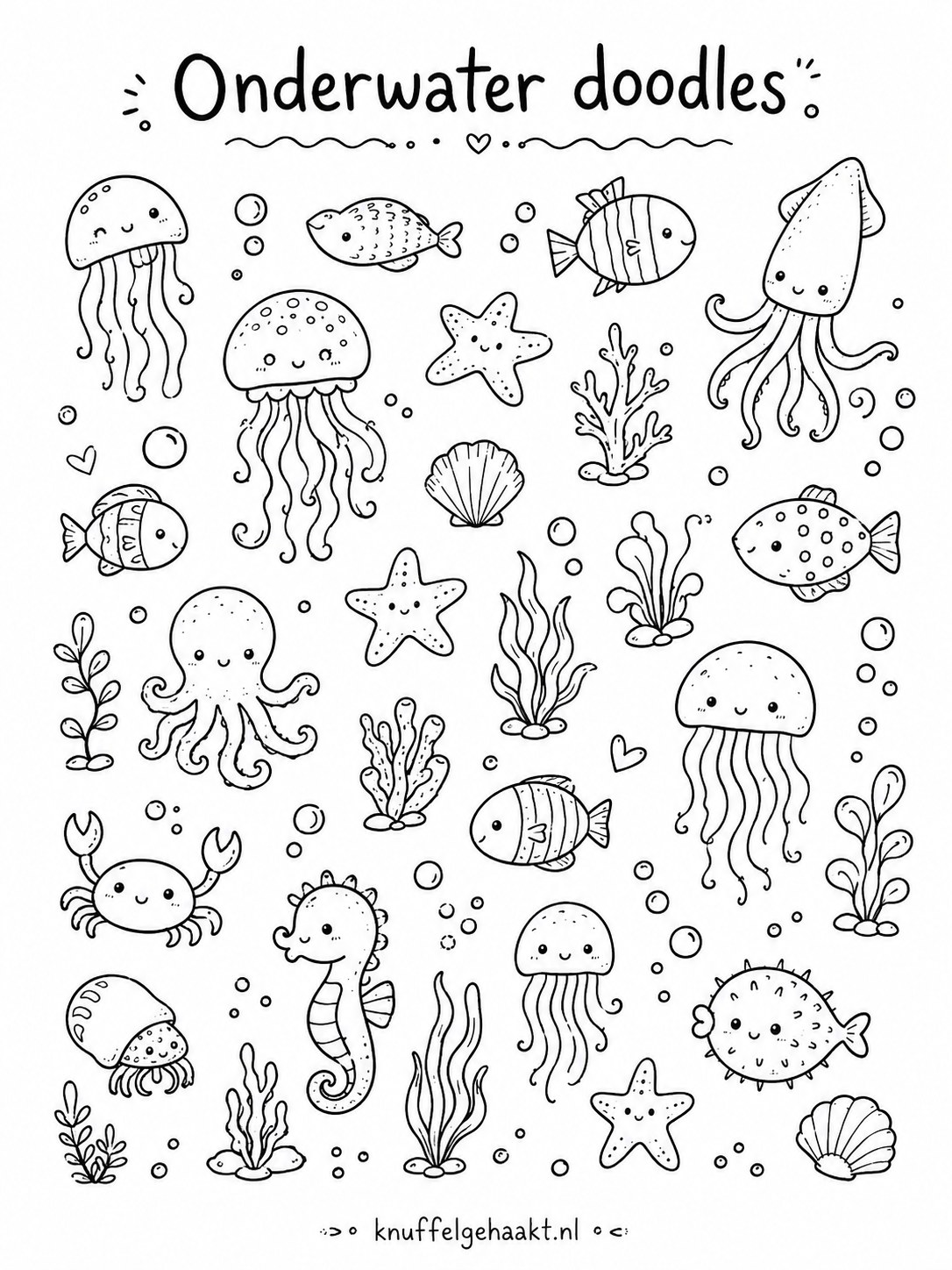 Onderwater doodles met kwallen, inktvis en zeepaardjes als thema-pagina in een bullet journal