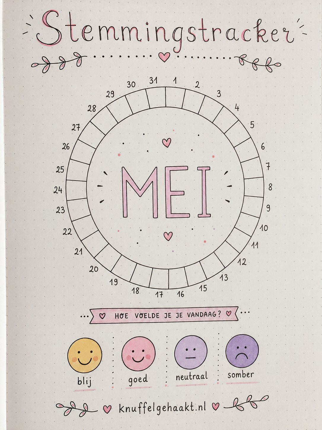 Ronde stemmingstracker voor mei met smileys, een eenvoudig bullet journal idee voor beginners