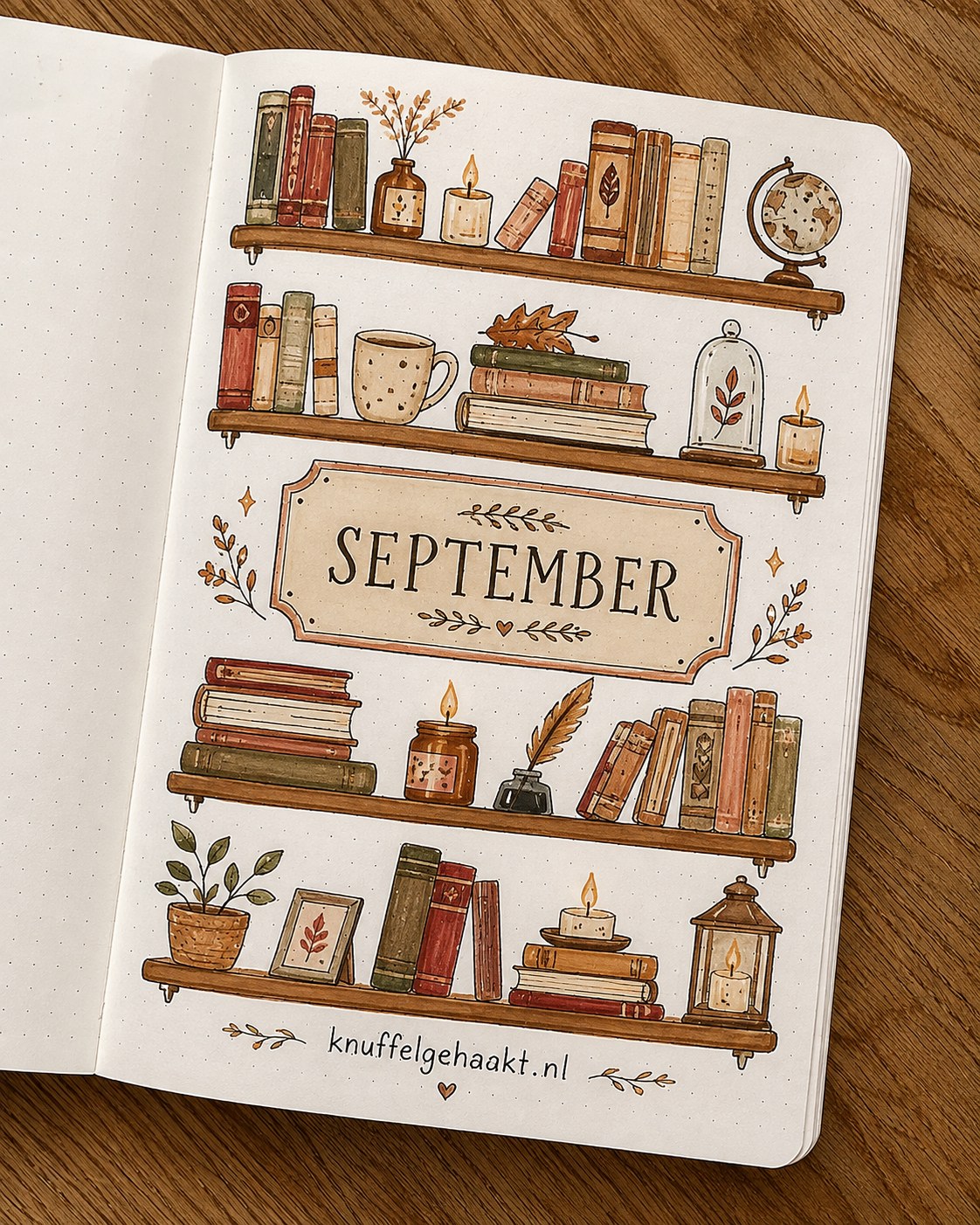Herfstige boekenplankpagina voor september, een knus bullet journal idee met kaarsen en boeken