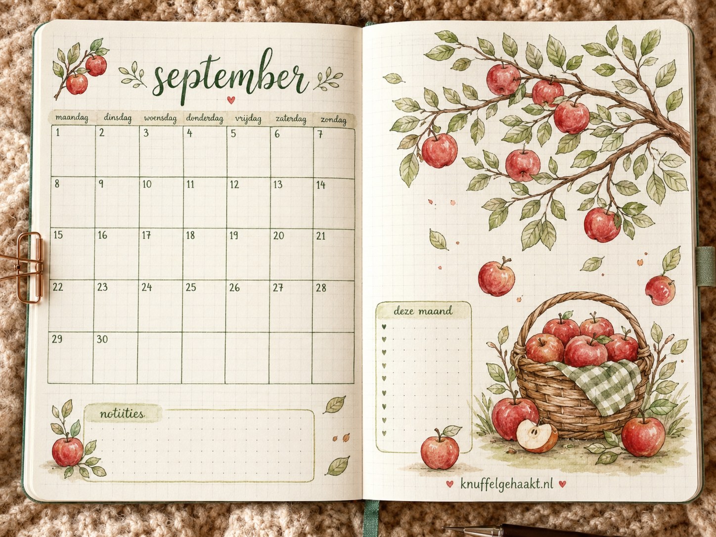 September kalenderpagina met appelboom illustratie als alternatief voor een klassiek weekoverzicht