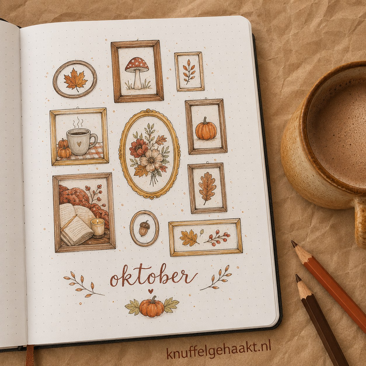 Herfstgalerij met kleine lijstjes als overgangspagina van september naar oktober in het journal