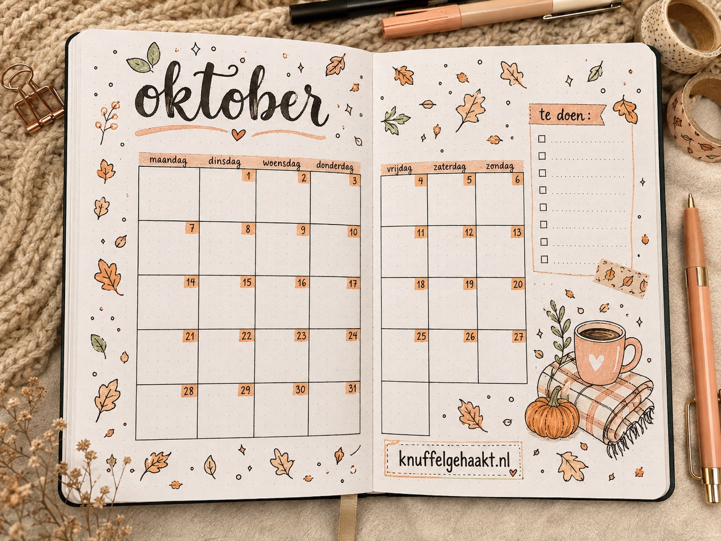 Oktober kalenderspread met pompoen en te doen lijst als vooruitblik na het weekoverzicht van september
