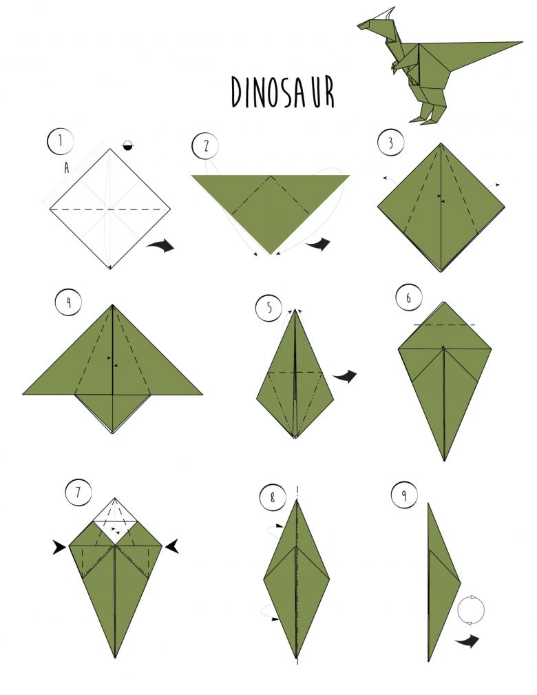 Origami dinosaurus met poten staart