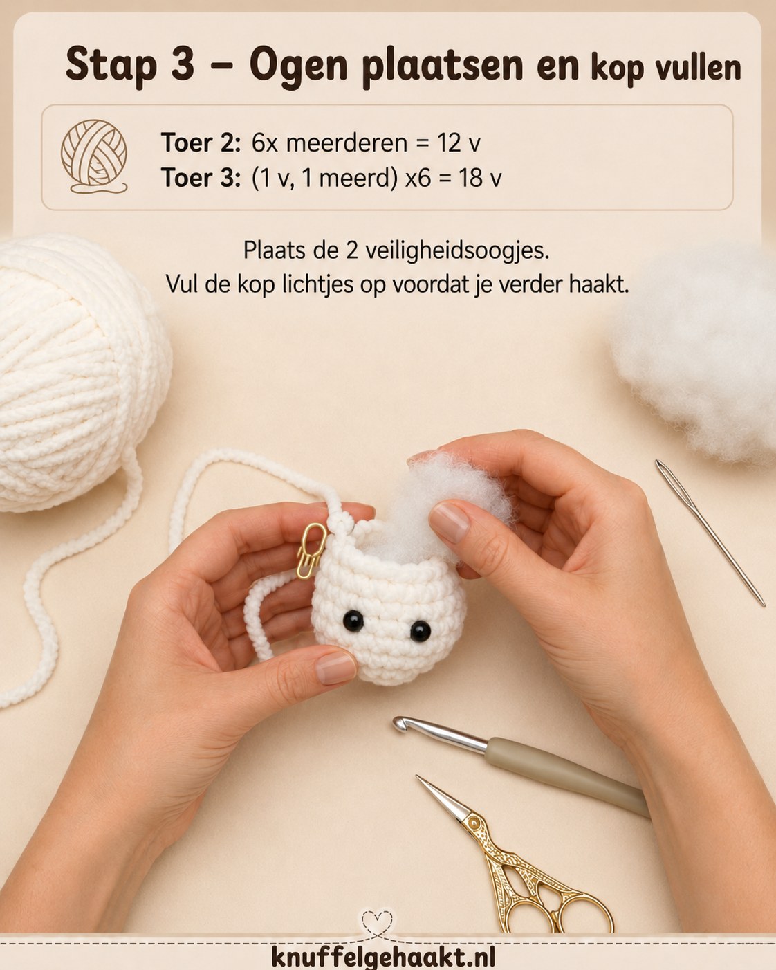 Veiligheidsoogjes worden geplaatst en de kop van de slang lichtjes gevuld met vulling