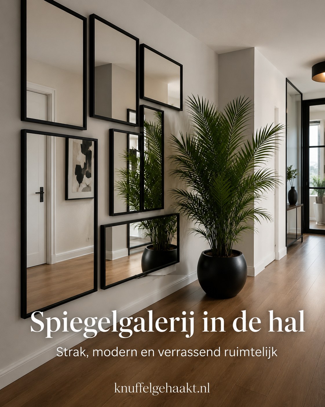 Spiegelgalerij in de hal, een ikea spiegel hack met zwarte frames in verschillende maten naast een plant