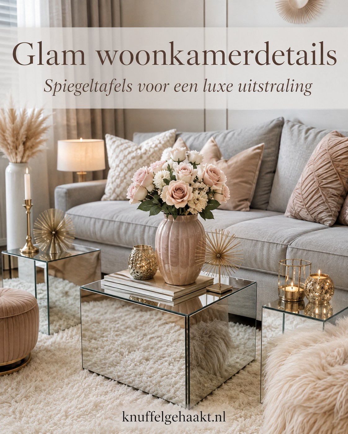 Glam woonkamerdetails met spiegeltafels als ikea spiegel hack rond een grijze bank met roze accessoires