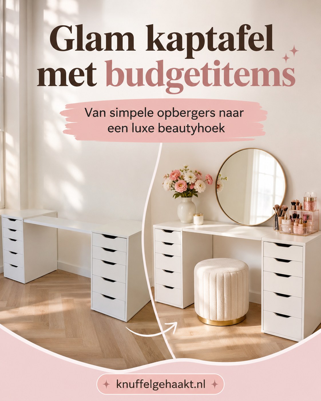 Glam kaptafel gemaakt met ALEX-ladeblokken, een populaire ikea spiegel hack met ronde spiegel