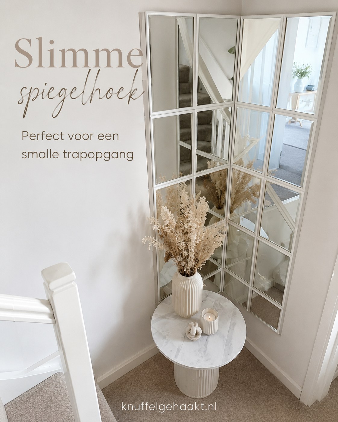 Slimme spiegelhoek als ikea spiegel hack in een smalle trapopgang met witte omlijsting