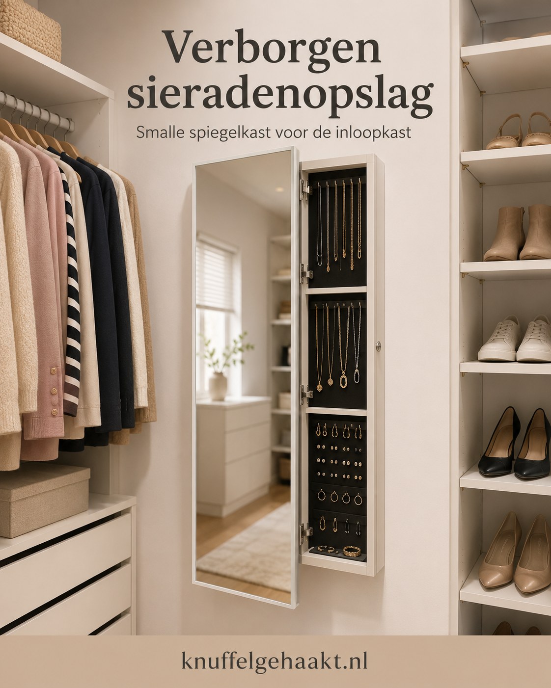 Verborgen sieradenopslag achter een smalle spiegelkast, een handige ikea spiegel hack voor de inloopkast