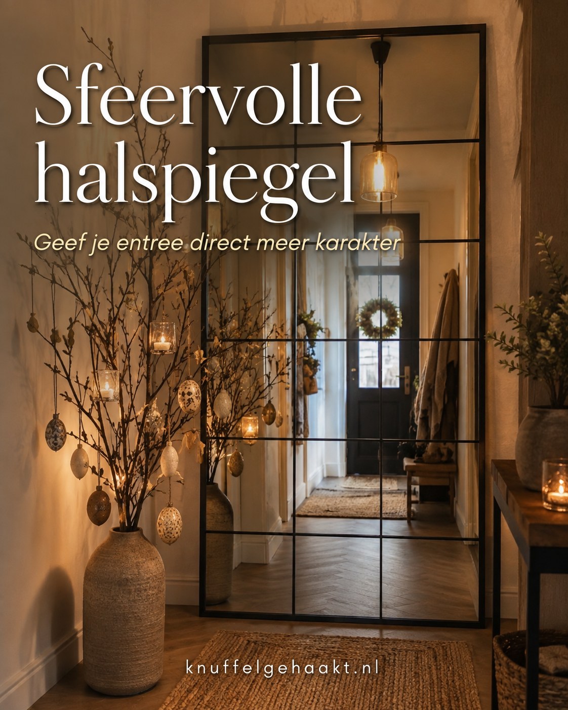 Sfeervolle halspiegel als ikea spiegel hack met warme verlichting en droogbloemen bij de voordeur