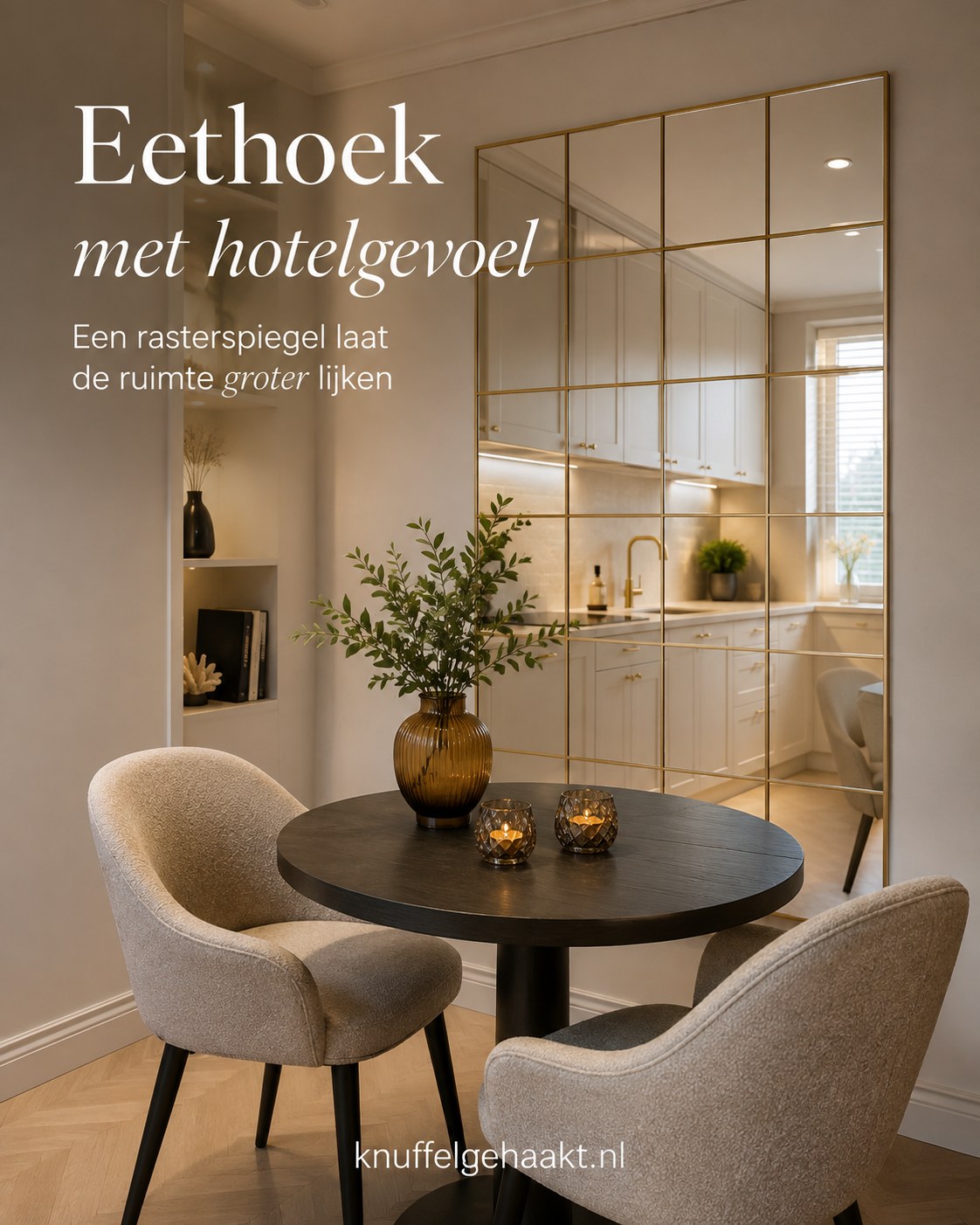 Gouden rasterspiegel in een eethoek, een ikea spiegel hack die de ruimte groter laat aanvoelen