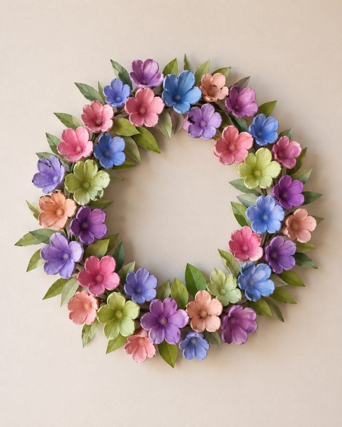 Ronde bloemenkrans van beschilderde eierdoosblaadjes in pastelkleuren, klaar om op te hangen