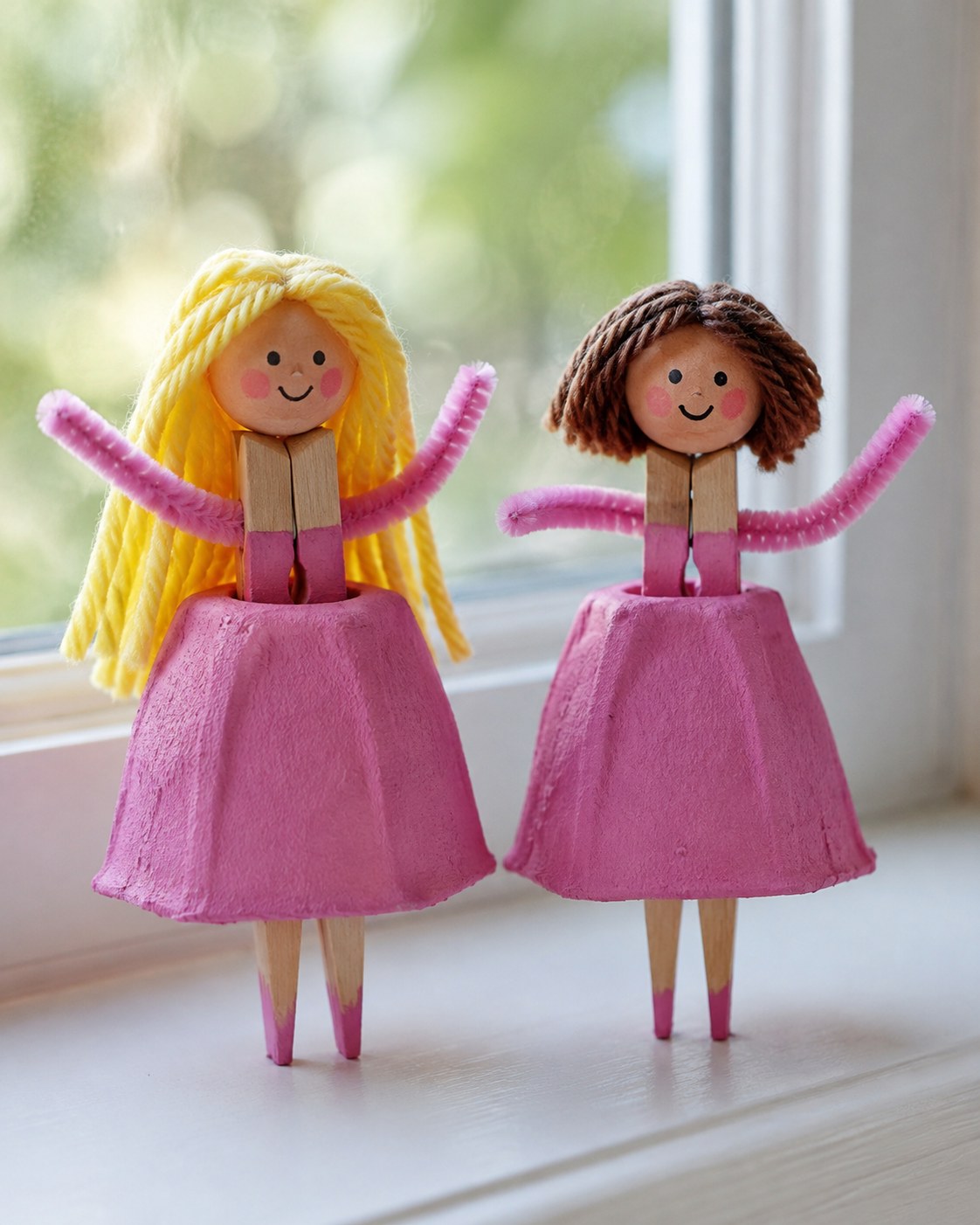 Twee knijperpoppetjes met een rokje van eierdoos-karton, beschilderd roze, bij een raamkozijn