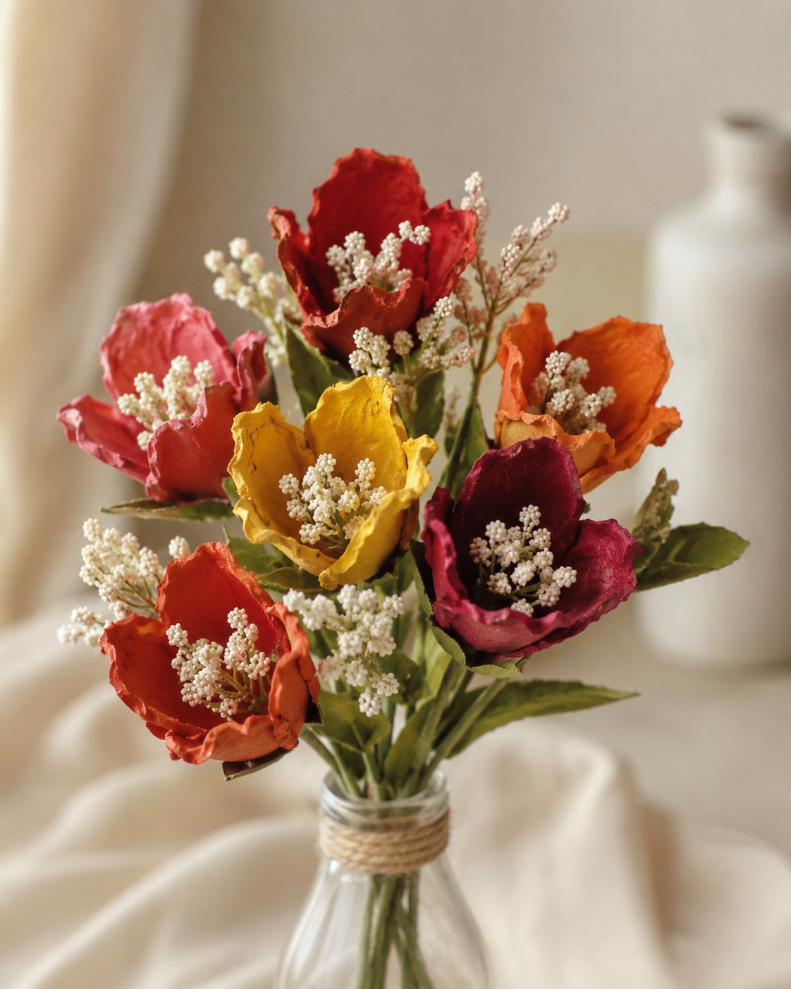 Boeket herfsttulpen gemaakt van eierdoos-bloemblaadjes in een glazen vaasje met droogbloemen