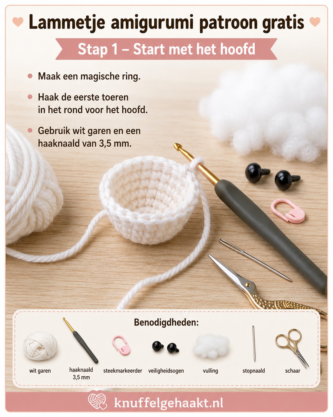 Magische ring en eerste toeren voor het hoofd bij dit lammetje amigurumi patroon gratis