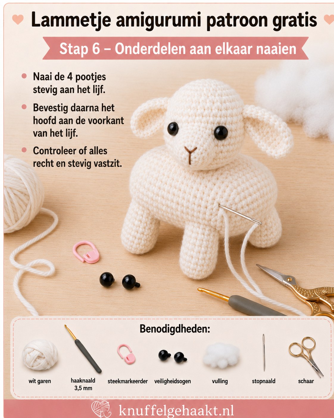 Pootjes en hoofd aan het lijf genaaid, lammetje amigurumi patroon gratis staat al rechtop