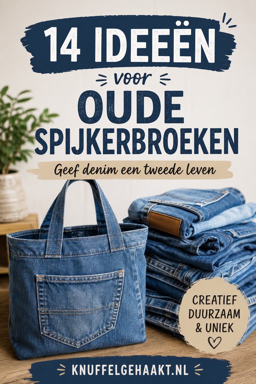 Stevige shopper genaaid uit de pijpen van een oude spijkerbroek, met originele achterzak