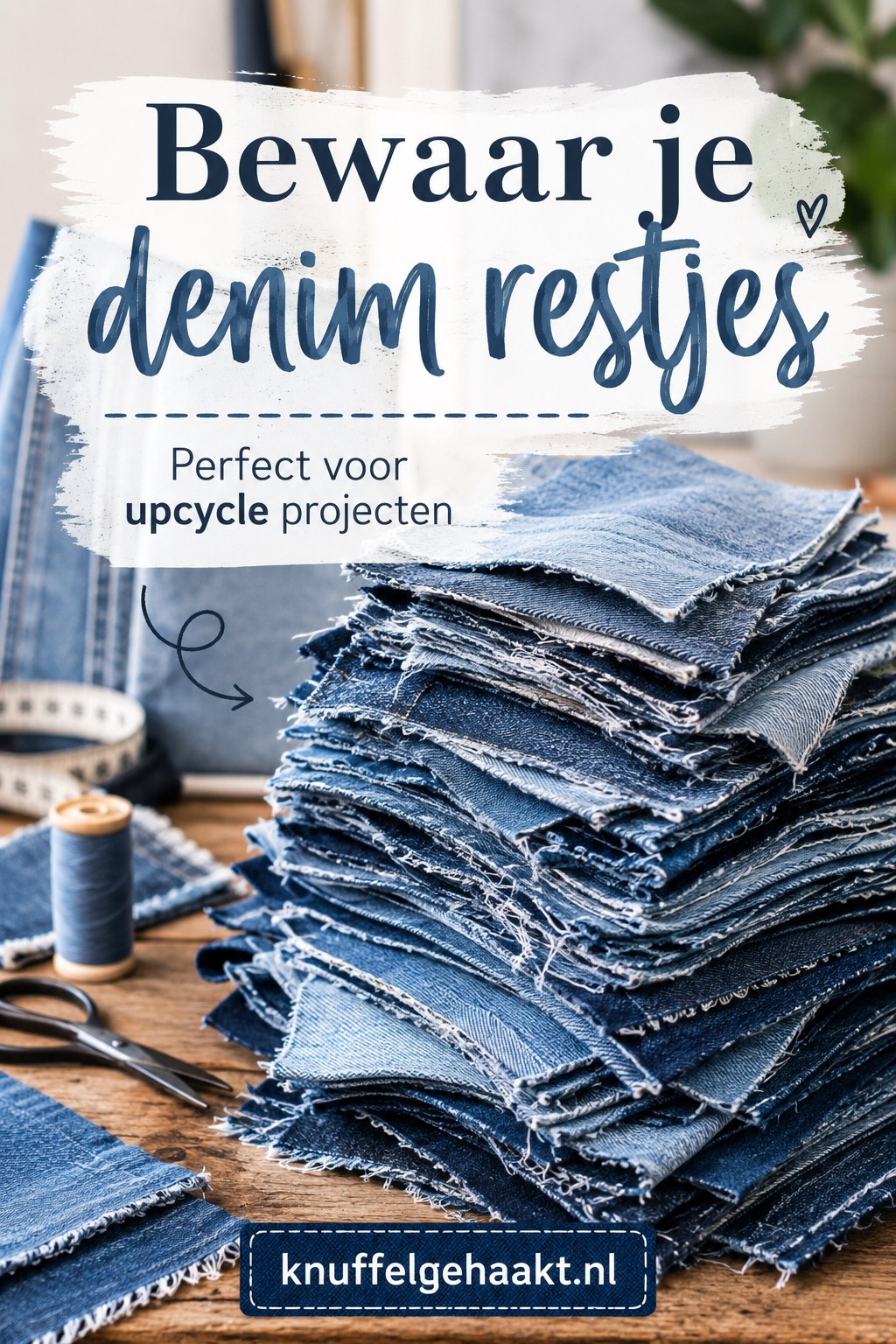 Gesorteerde stapel denim restjes, klaar voor je volgende oude jeans upcyclen projecten