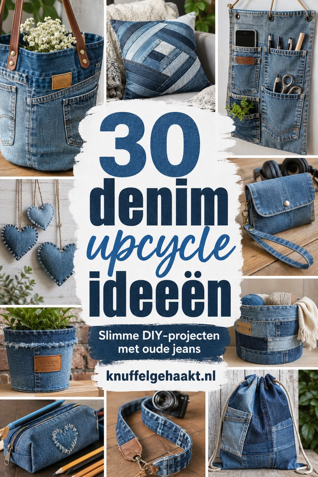 Collage van dertig denim upcycle ideeën, van kussens tot een plantenhoes en portemonnee