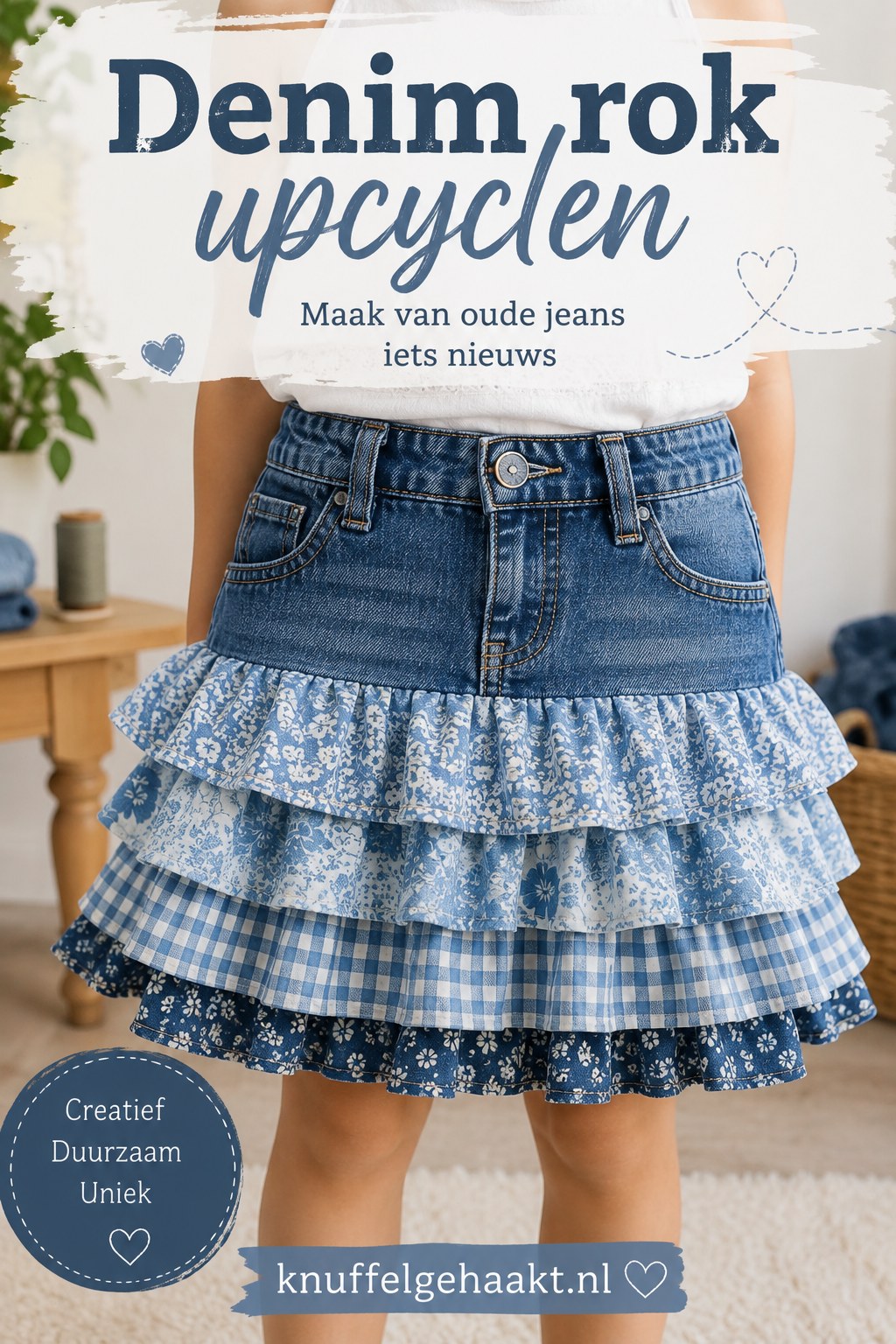 Denim rok met drie lagen ruches, gemaakt van een afgeknipte oude jeans voor een meisje