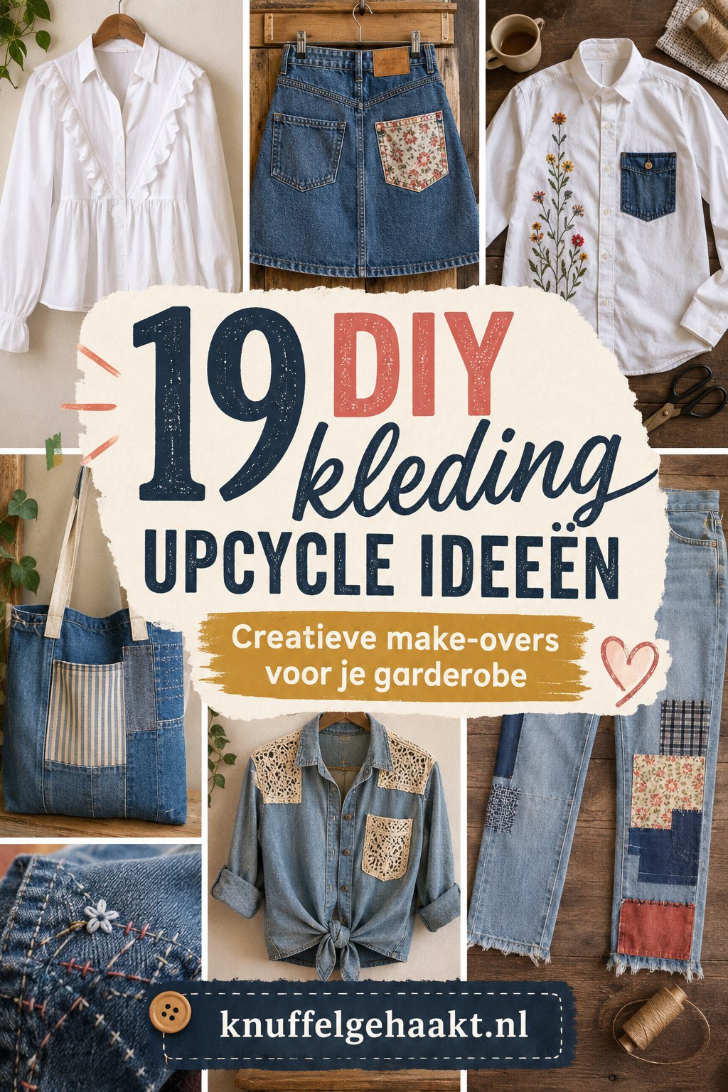 Collage van negentien kledingstukken die zijn opgeknapt met denim upcycle technieken