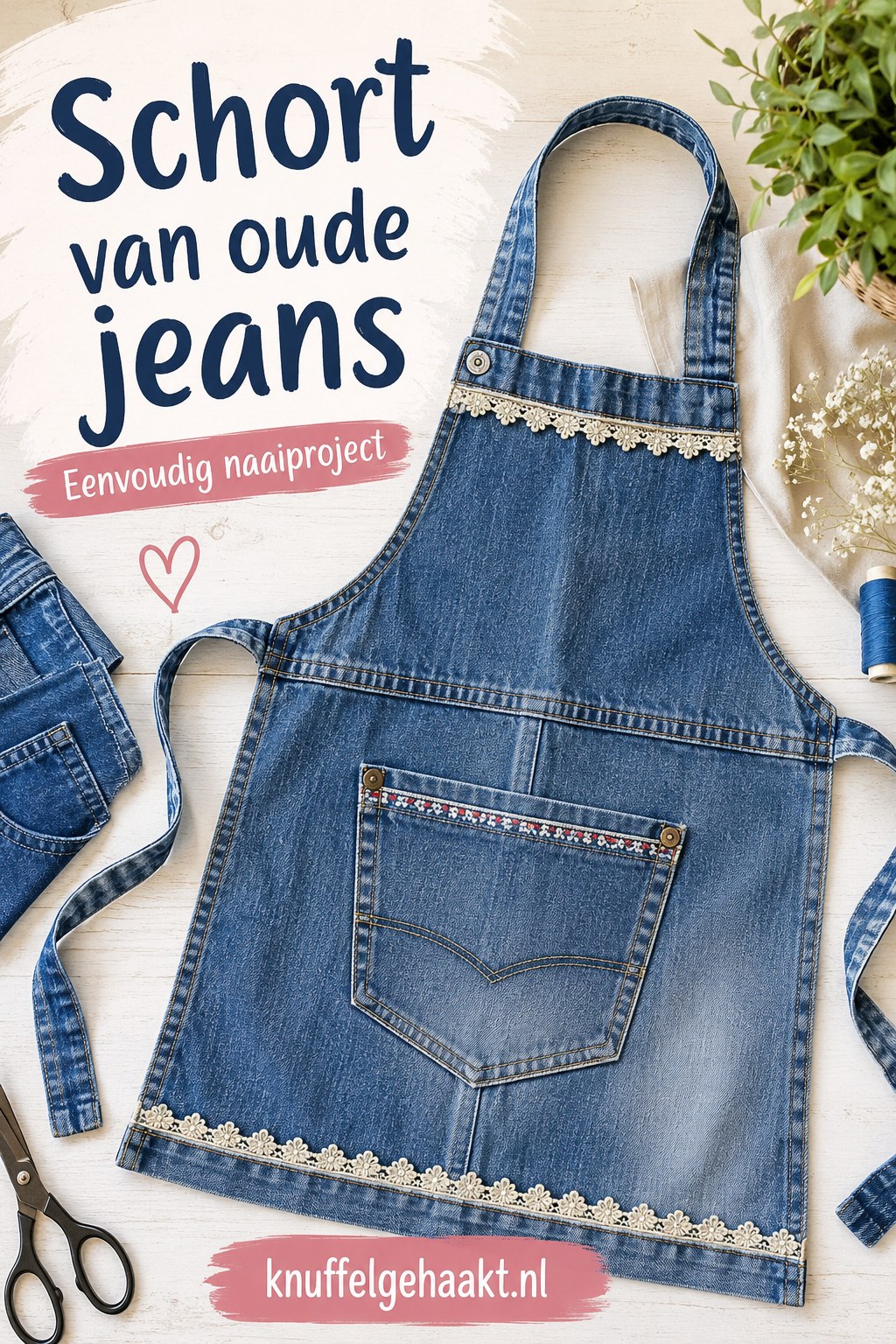 Handig keukenschort van oude jeans met achterzak en kanten randje als afwerking