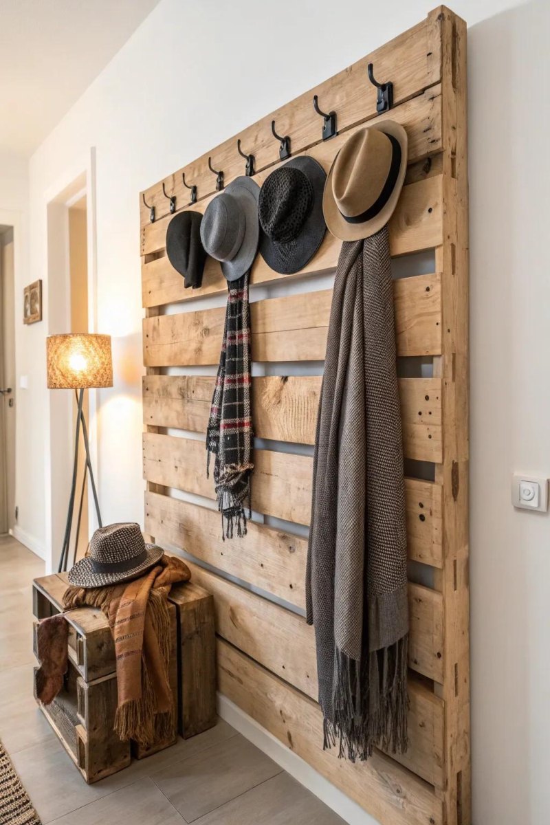 Pallet kapstok aan houten wand