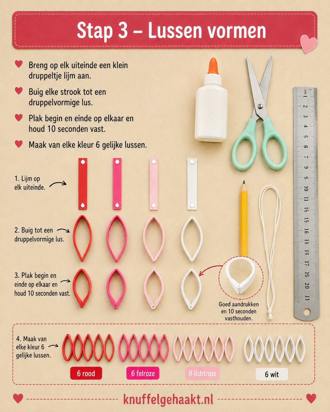 Druppelvormige lussen in rood, felroze, lichtroze en wit voor de quilling bloem hart hanger