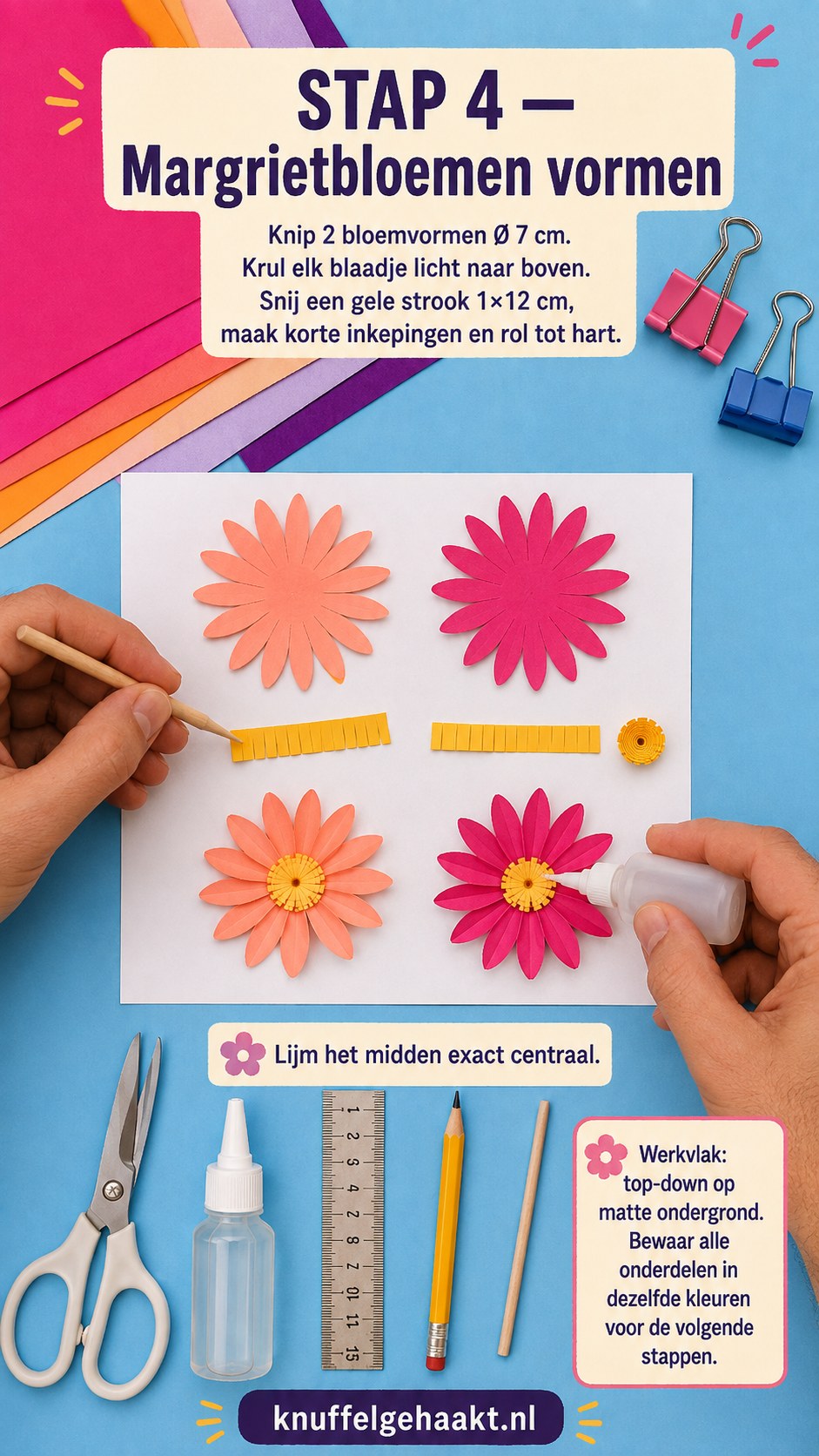Margrietbloem vormen met gekruld blaadje en geel hart tijdens het maken van de papieren bloemenkaart