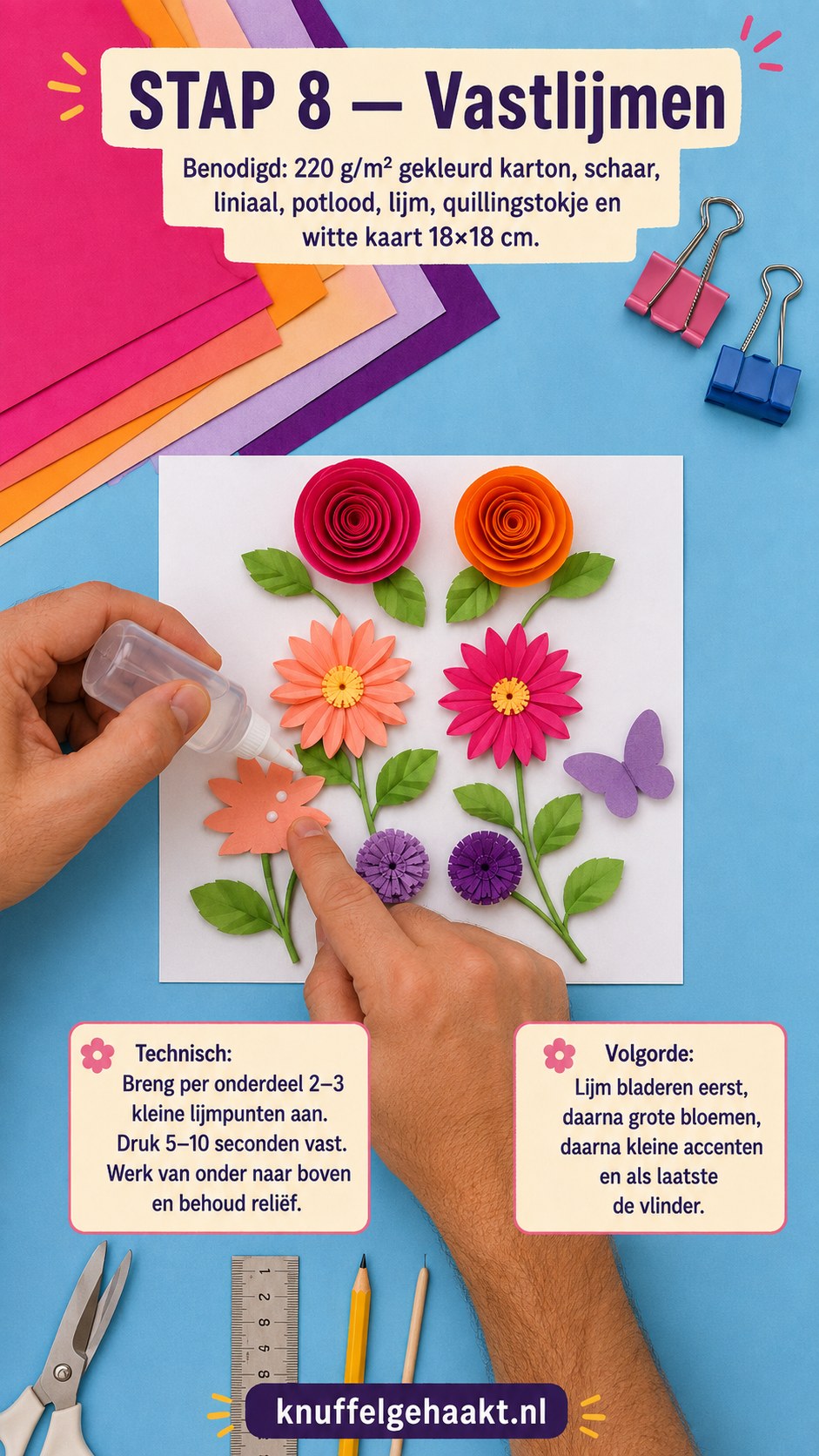 Onderdelen met kleine lijmpunten vastzetten op de witte kaart bij het samenstellen van de bloemenkaart