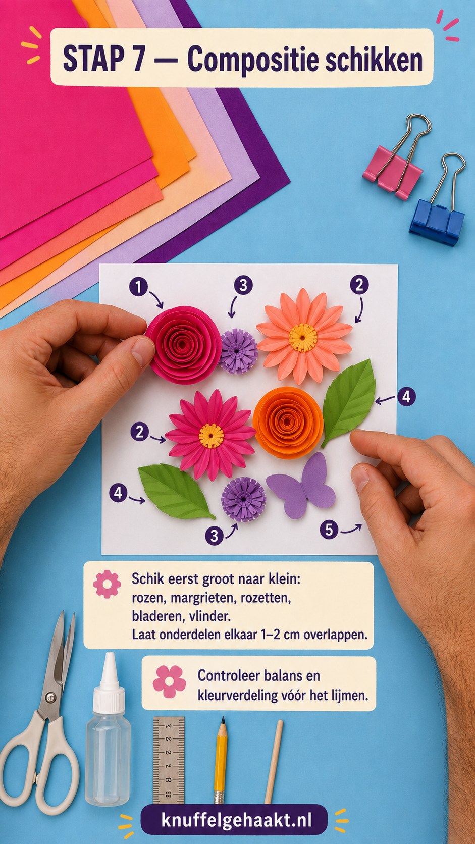 Rozen, margrieten, rozetten en bladeren losjes schikken op de kaart voor het lijmen