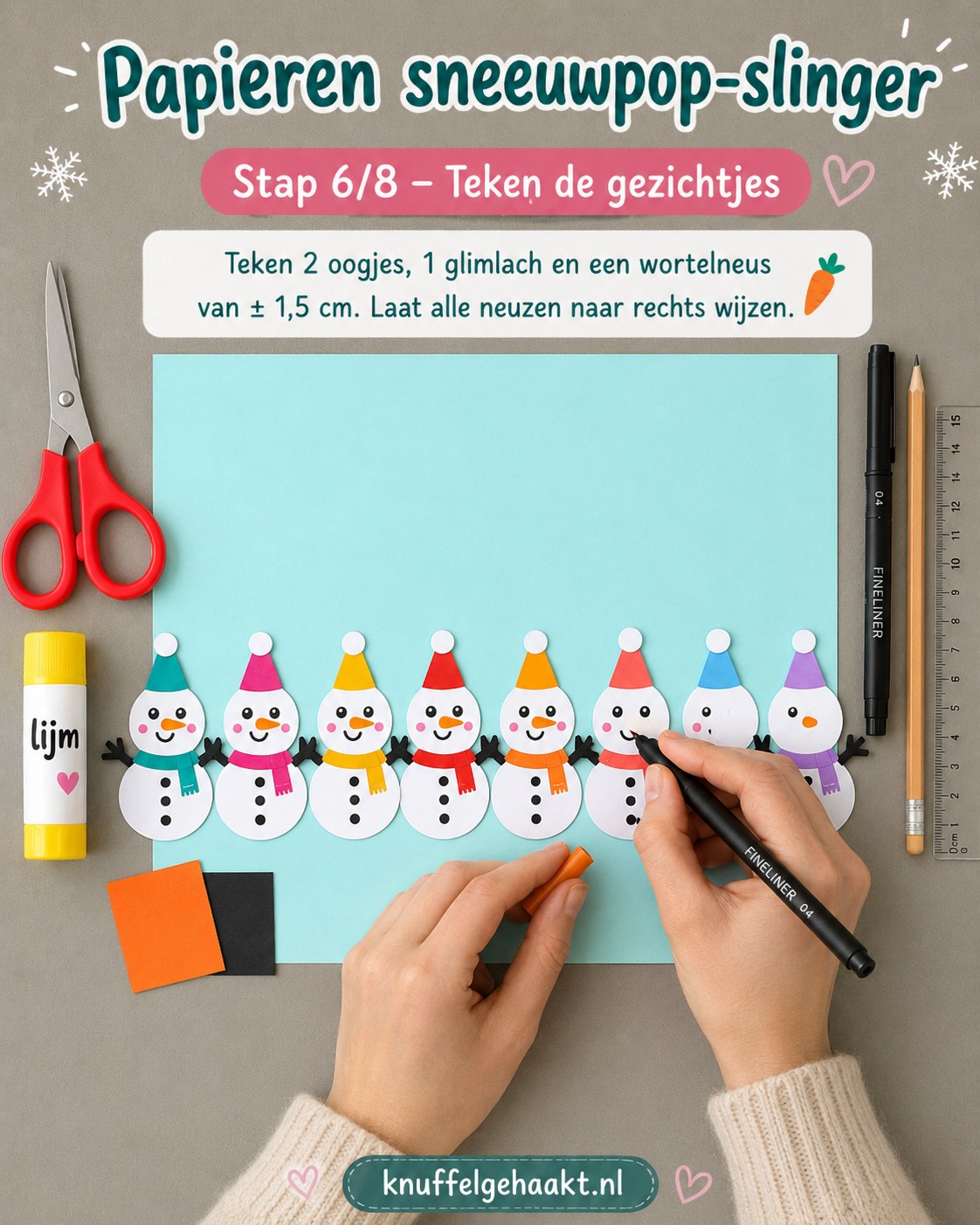 Fineliner tekent gezichtjes en wortelneus op elke papieren sneeuwpop met muts