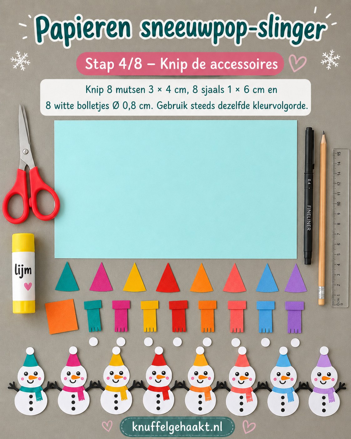Gekleurd papier geknipt tot mutsen, sjaals en witte bolletjes voor de sneeuwpop-slinger