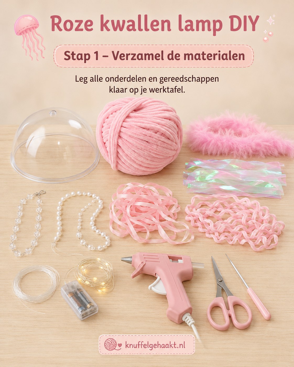 Overzicht van alle materialen voor de roze kwallen lamp diy, van chenillegaren tot led-lichtjes
