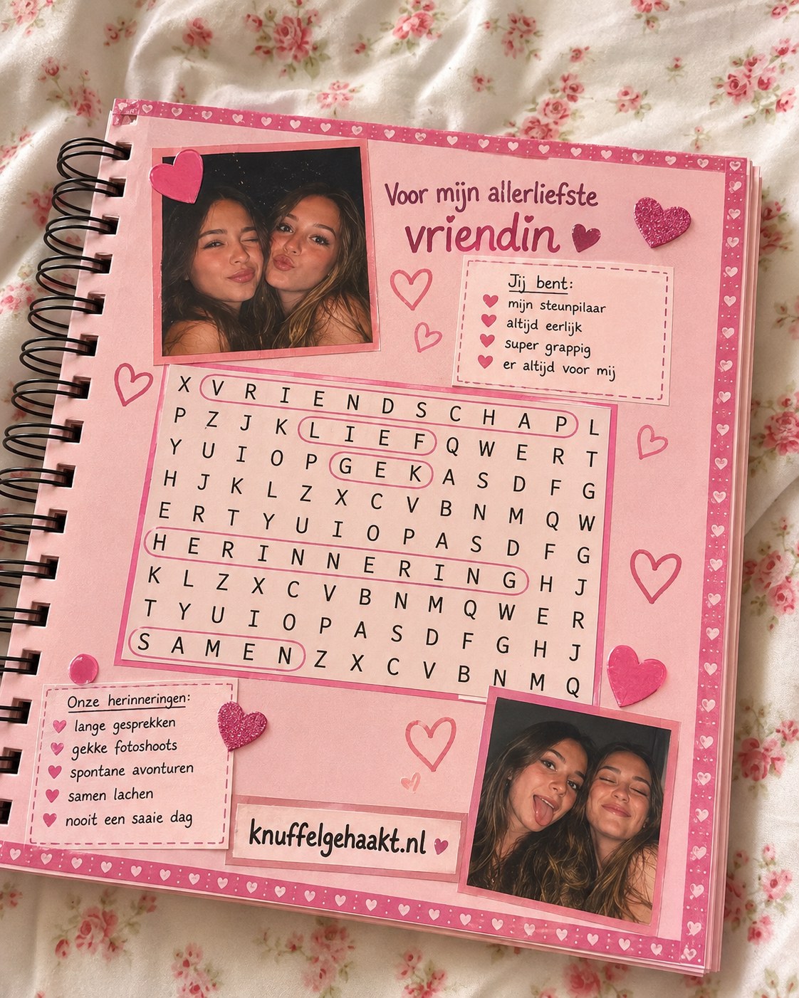 Scrapbook ideeën beste vriendin uitgewerkt als woordzoekerpagina met checklist en foto's
