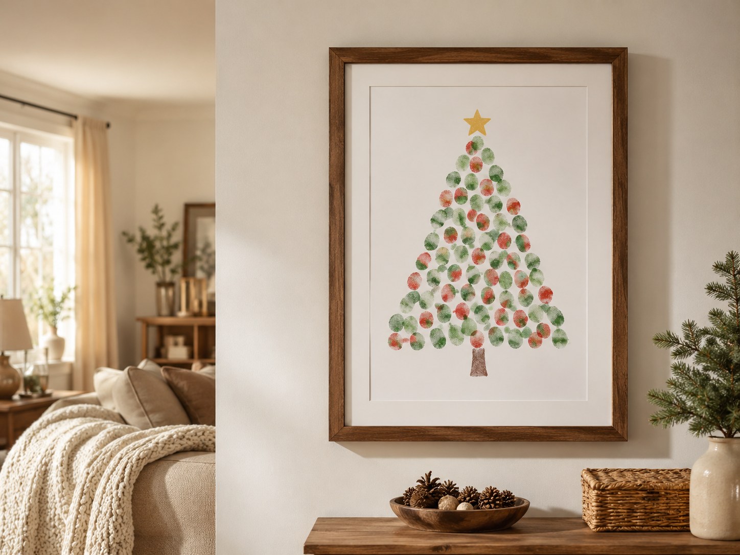 Ingelijste vingerafdruk kerstboom aan de muur