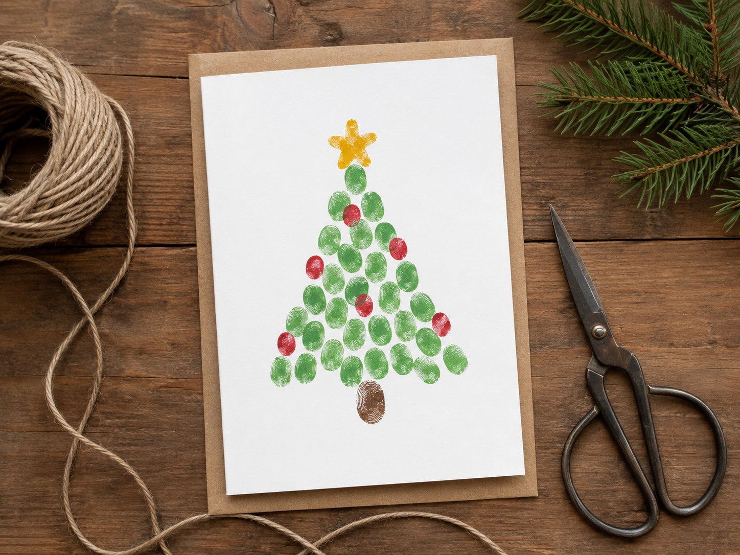 Vingerafdruk kerstboom als kerstkaart uitgewerkt